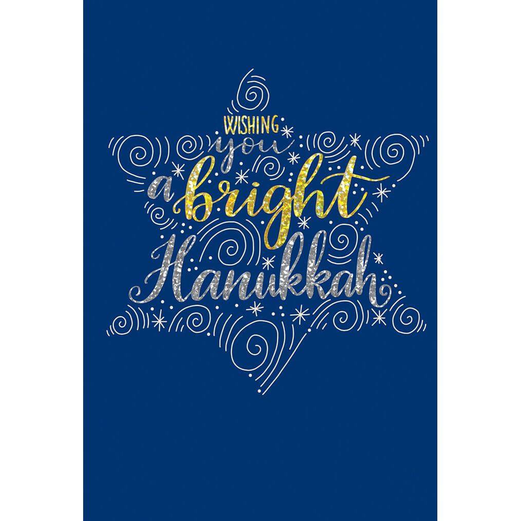 Pictura Hanukkah card featuring Star of David swirls and festive Hanukkah and Rosh Hashanah symbols in bright blue and gold design.